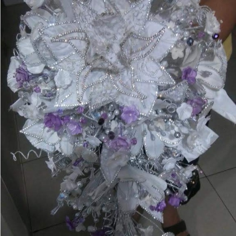 Purple, Silver & white wedding bouquet. Boutonnière included.